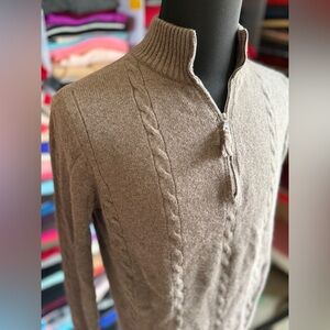 Men's Mocha Cable Knit 95Cashmere/5Merino 1/4 Zip Sweater, Cozy, Natureknit, M